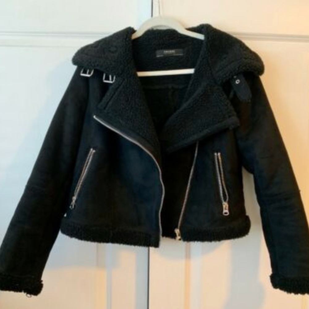 Zara Suede Faux Shearling Moto Jacket (size L)